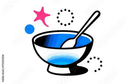 Glowing Bowl Abstraction. Empty Bowl. A glowing bowl with a single spoon, abstract floating spark and dotted circle shapes symbolizing scarcity. Modern