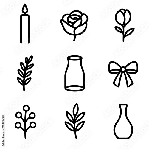 Floral Candle Icon Set. Outline icon set of floral candle centerpiece: taper candle, rose bloom, peony bud, greenery sprig, glass