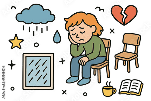 Heartbreak and Rain. Deep Sadness. Hand-drawn doodle illustration person (colored), rainy window (colored), tear drop (colored), cloud, heart broken (colored),