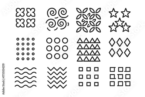 Repeating Motif Icons. Repeating motifs. Line icon set of Repeating motifs: floral pattern, swirl, leaf, star, dot, circle, triangle, diamond, wave, chevron,