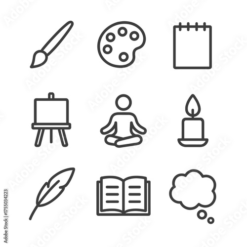 Creative Introspection Icons. Outline icon set of creative expression and introspection: paintbrush, artist palette, sketchpad,