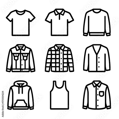 Casual Tops Icons. Outline icon set of casual tops and shirts: t-shirt, polo shirt, sweatshirt, denim jacket, flannel shirt,