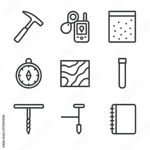 Fieldwork Tools Icons. Outline icon set of fieldwork and sampling tools: rock hammer, hand lens, GPS device, sample bag, compass