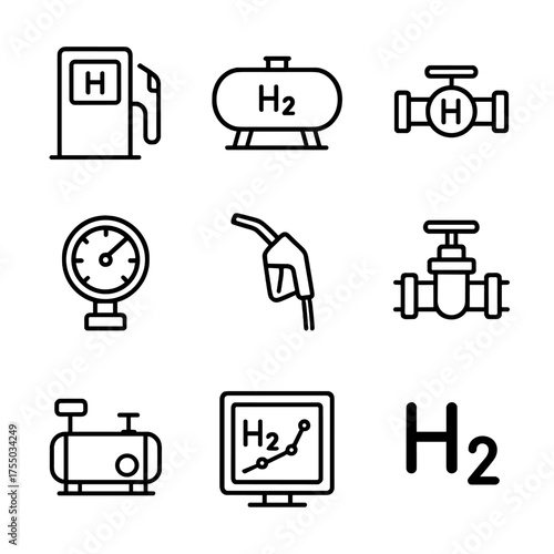Hydrogen Infrastructure Icons. Outline icon set of hydrogen refueling infrastructure: hydrogen fueling station, storage tank,