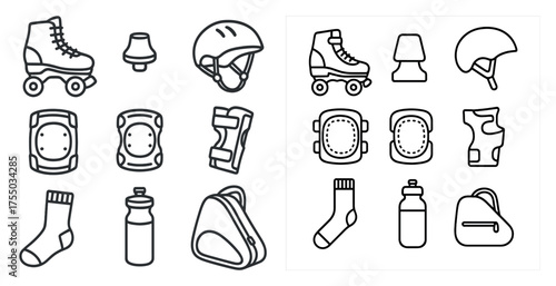 Roller sport gear icons set – outline, linear, skate and safety equipment symbols