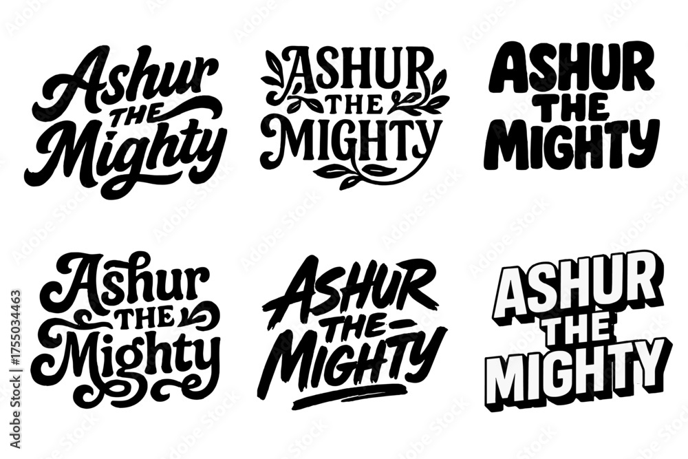 Obraz premium Creative Lettering Grid. Ashur the Mighty. Set lettering. harmonious lettering variations of the same emblematic concept (Bold hand-lettering with playful