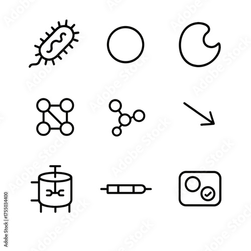 Bioremediation Icons Grid. Outline icon set of bioremediation microbes: bacterial cell, plasmid circle, enzyme active site,