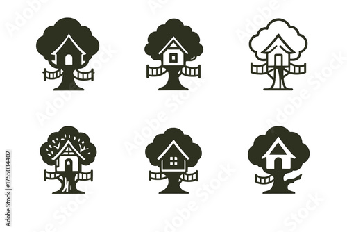 Enchanted Forest Logos. Magical forests. Set Logo of Magical forests: treehouse cottage with rope bridge. harmonious logo variations of the same emblematic