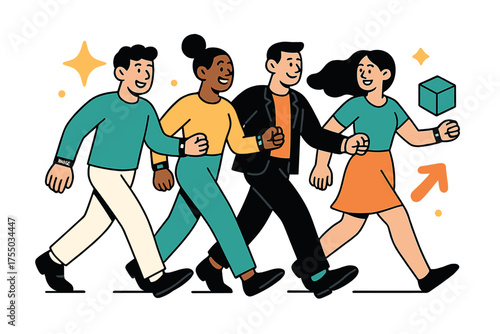 Dynamic Team Walking Challenge. Team wellness. Glowing colleagues participating in group walking challenge with step counters. Floating icons of sparkle,