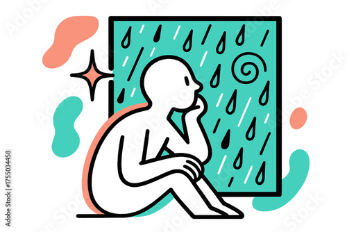 Contemplative Rain Reflection. Rain on Glass. A glowing figure watching raindrops run down large windows, abstract spark and swirl icons symbolizing calm
