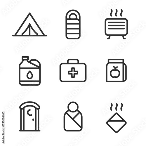 Emergency Shelter Icons. Outline icon set of emergency shelter services: tent, sleeping bag, heater, flashlight, water jug, first