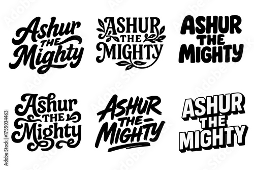 Creative Lettering Grid. Ashur the Mighty. Set lettering. harmonious lettering variations of the same emblematic concept (Bold hand-lettering with playful
