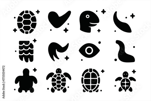 Turtle Anatomy Icons. Turtle Anatomy. Solid icons set of Turtle Anatomy: shell, flippers, head, tail, scales, claws, eyes, neck, legs, back shell, underside