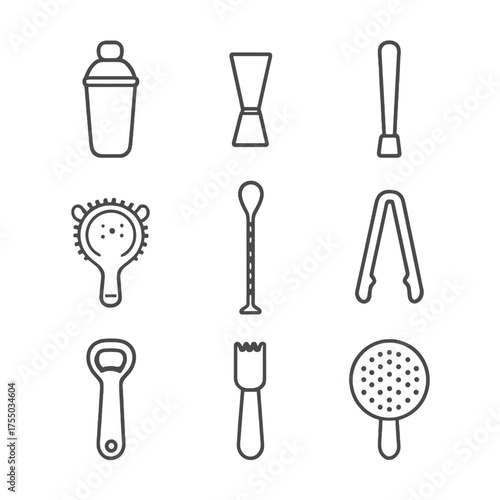 Bar Tools Outline Icons. Outline icon set of bar tools for festive drinks: cocktail shaker, jigger, muddler, Hawthorne strainer,