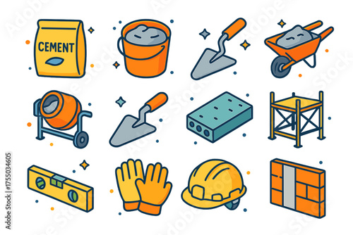 Colorful Cement Tools Set. Cement work. Colorful isometric vector icons set of cement work: cement bag, mixing bucket, trowel, wheelbarrow, cement mixer,