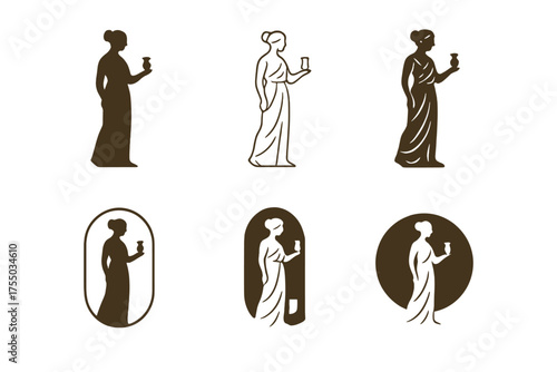 Art Auction Logos. Art and antiquities trading and international auctions. Set Logo of Art and antiquities trading and international auctions: bronze statue