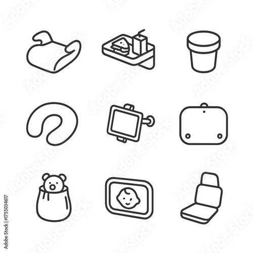 Family Travel Icons. Outline icon set of family travel backseat accessories: booster cushion, snack tray, cup holder, travel