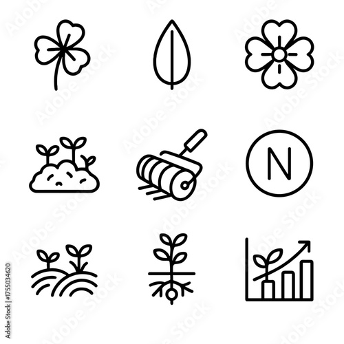 Cover Cropping Icons. Outline icon set of Cover cropping techniques: clover plant, rye seed, mustard bloom, green manure, roller