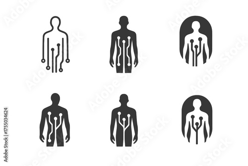 AI-Driven Human Evolution Logos. Evolution of human bodies through AI. Set Logo of Evolution of human bodies through AI: human silhouette with circuit veins.