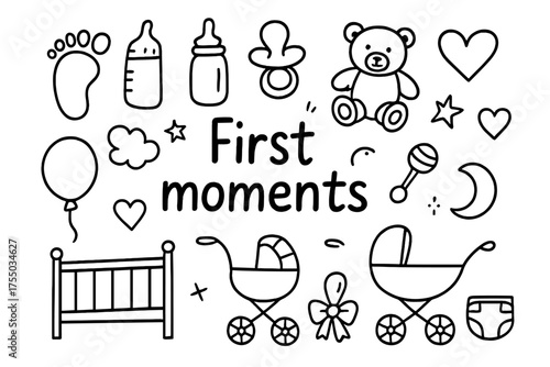 Baby's First Symbols. First moments. Hand-drawn doodle illustration first moments footprint, bottle, pacifier, teddy bear, rattle, crib, stroller, diaper,