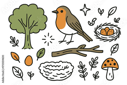 Robin's Tree Haven. Robin Habitat. Hand-drawn doodle illustration robin (colored), tree (colored), branch (colored), sparkle, star, nest, egg (colored), worm,