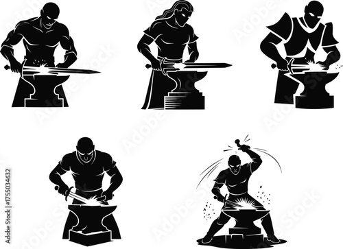 Silhouettes of blacksmiths forging metal on anvil, hammer strike, traditional craftsmanship, artisan labor, metalworking process illustration