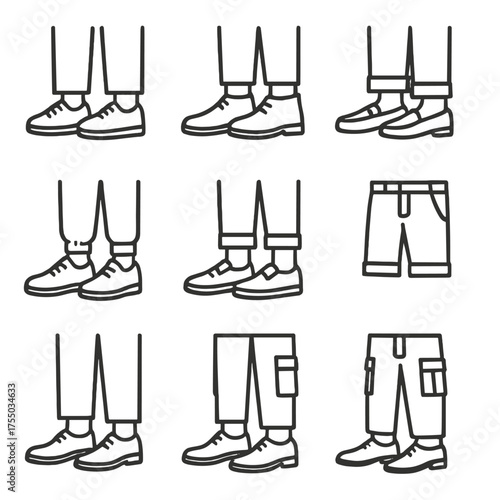 Footwear and Bottoms Icons. Outline icon set of footwear and bottoms combos: white sneakers, desert boots, loafers, cuffed