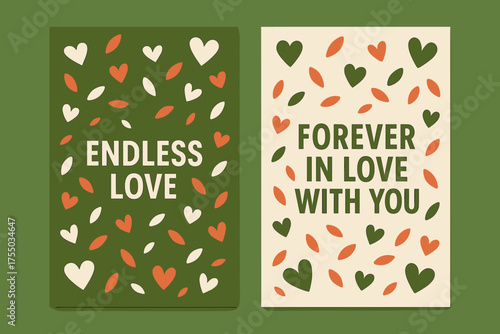 Endless Love Banners. Endless love. Two vertical A6 banners with safe margins, centered composition, no elements touching edges, memphis, olive green and