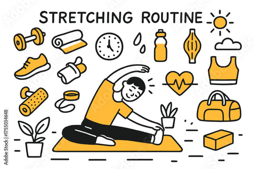 Stretching Essentials Illustration. Stretching Routine. Hand-drawn doodle illustration Person, stretching, yoga mat, dumbbells, water bottle, towel, sneakers,
