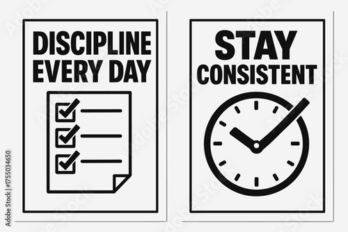 Discipline and Consistency. Motivation. Two vertical A6 banners with safe margins, centered composition, no elements touching edges, bold style, black and