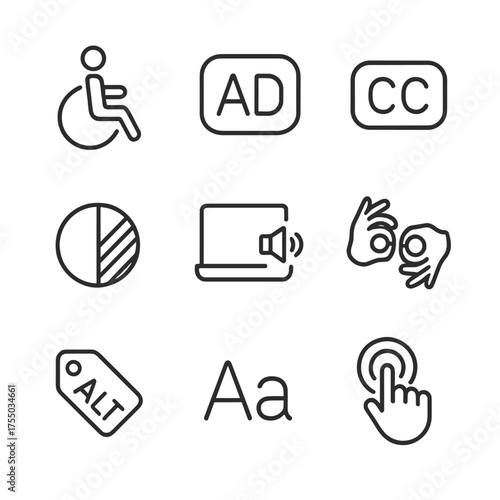 Accessibility Icon Set. Outline icon set of accessible design elements: wheelchair symbol, audio description icon, closed caption,