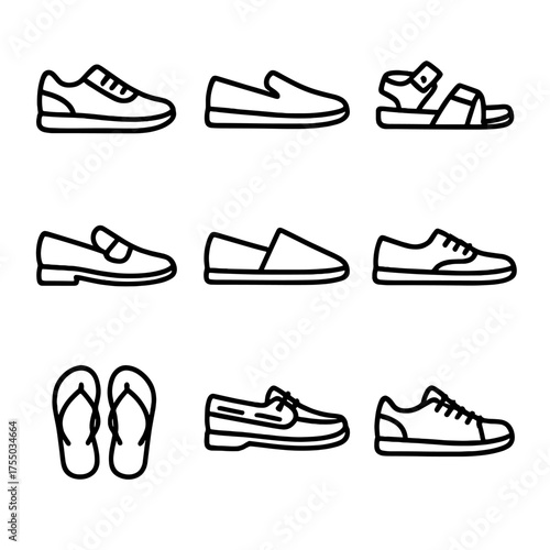 Casual Footwear Icons. Outline icon set of casual footwear: sneakers, slip-on shoes, sandals, loafers, espadrilles, canvas shoes,