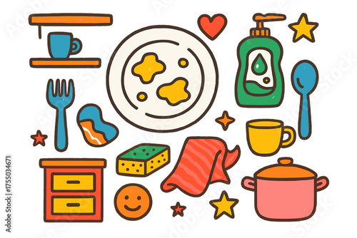 Cheerful Kitchen Doodles. Post Dinner. Colorful Hand-drawn doodle Children illustration dirty plate, sponge, towel, dish soap, fork, spoon, pot, cup, cabinet,