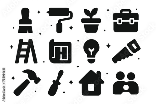 Home Craft Icons. Home crafting. Solid icons set of Home crafting: paintbrush, paint roller, plant pot, toolbox, ladder, blueprint, lightbulb, saw, hammer,