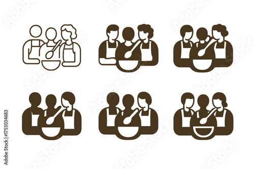 Cooking Class Logos. A group of people participating in a cooking class, learning new skills. Set Logo of A group of people participating in a cooking class,