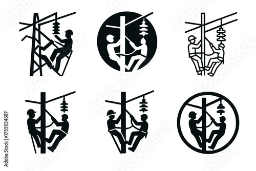 Power Line Logo Variations. Electrical line installers repairing power lines. Set Logo of Electrical line installers repairing power lines: high-voltage