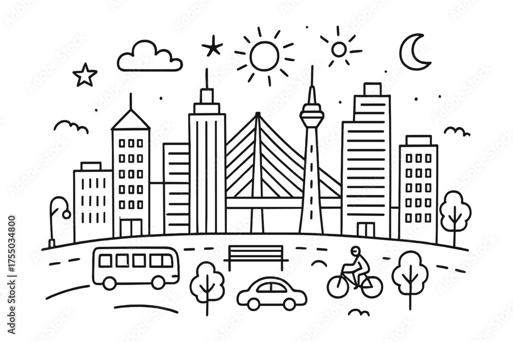 Obraz premium Hand-Drawn Urban Skyline. Urban skyline. Hand-drawn doodle illustration urban skyline skyscraper, tower, building, bridge, road, car, bus, bicycle, tree,