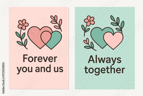Intertwined Hearts Banners. Forever you and us. Two vertical A6 banners with safe margins, centered composition, no elements touching edges, flat vector