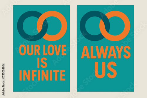 Infinite Love Banners. Affection. Two vertical A6 banners with safe margins, centered composition, no elements touching edges, geometric style, turquoise and