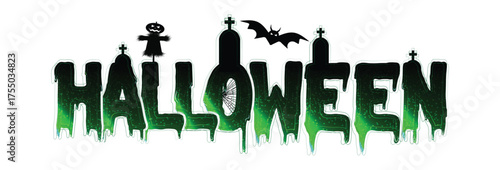 Halloween horizontal banner with vector typography with Spider web, bat and ghost  