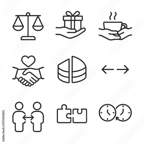 Balanced Exchange Icons. Outline icon set of balanced give-and-take: scales with equal weights, two hands exchanging gift, shared