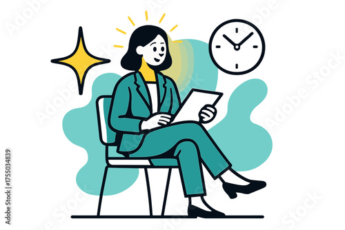 Professional Anticipation Scene. Waiting Room. A glowing professional seated with documents, abstract floating spark and clock icons symbolizing anticipation.