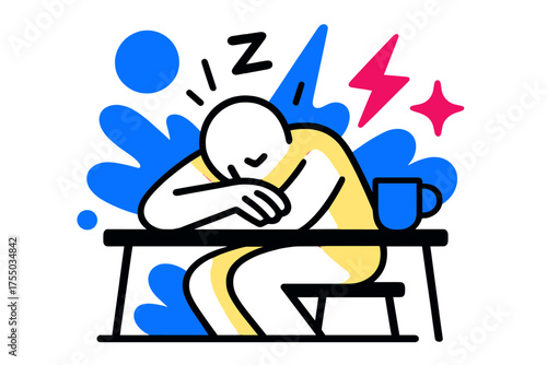 Dreamy Desk Rest. Sleepy Desk. A glowing figure resting head on arms at a desk, abstract spark and star icons symbolizing the need for rest. Modern flat-line