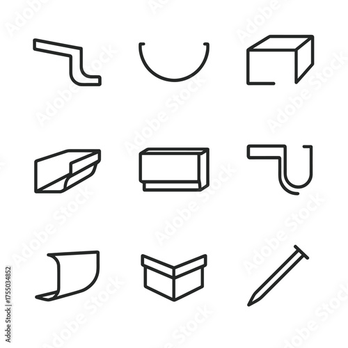 Gutter Profiles Icons. Outline icon set of gutter profiles: K-style gutter, half-round gutter, box gutter, seamless gutter, fascia