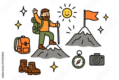 Doodle Mountain Adventure. Summit Moment. Hand-drawn doodle illustration mountain peak (colored), flag (colored), hiker (colored), sparkle, star, boots,