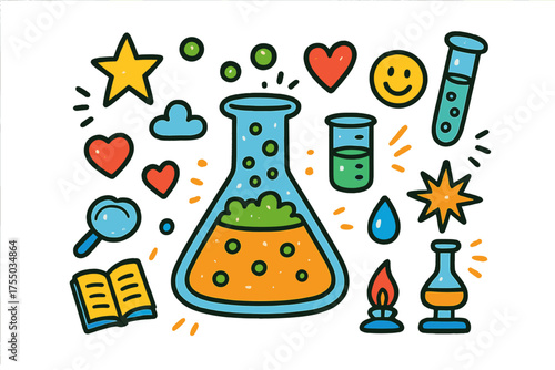 Colorful Science Doodles. Lab Flask. Colorful Hand-drawn doodle Children illustration conical flask, liquid, bubbles, star, heart, smiley face, test tube,