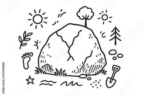 Mountain Boulder Doodle. Mountain boulder. Hand-drawn doodle illustration mountain boulder rock, mountain, stone, tree, grass, leaf, crack, pebble, star,