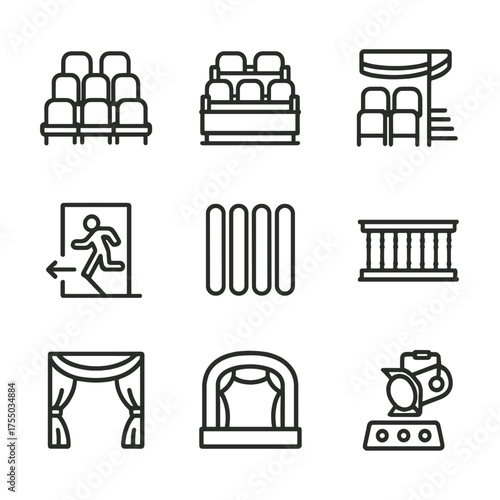 Auditorium Icon Set. Outline icon set of auditorium architecture: seats, balcony, aisle, emergency exit sign, acoustic panel,