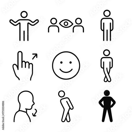 Body Language Icons. Outline icon set of body language cues: open arms, eye contact line, upright standing figure, hand gesture