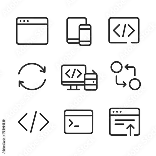 Front-End Icon Set. Outline icon set of responsive front-end and server data sync: browser window, viewport ruler, CSS media query